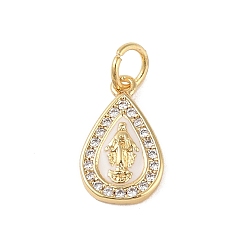 Teardrop Латунные микропаве прозрачные подвески с фианитом, без кадмия, без никеля и без свинца, с эмалью и кольцом для прыжков, реальный 18 k позолоченный, слеза, 13.5x8.5x2 мм, отверстие : 3 мм