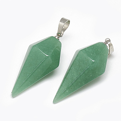 Green Aventurine Natural Green Aventurine Pendants, with Platinum Tone Brass Findings, Bicone, 36~38x16.5x14.5~15mm, Hole: 5x8mm