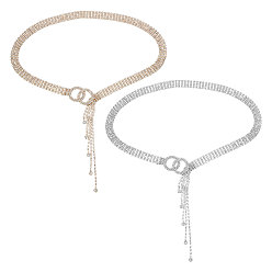 Platinum & Golden 2Pcs 2 Colors Brass & Iron Full Crystal Rhinestone Chain Belts with Double Rings Buckles, Platinum & Golden, 1000x17.5~36x2.5~9mm, 1pc/color 