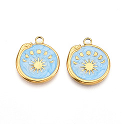 Светло-Голубой 304 Подвески из нержавеющей стали с ионным покрытием (IP), с эмалью, плоский круглый с подвесками в виде змеи, фаз Луны и солнца, реальный 18 k позолоченный, Небесно-голубой, 23x20x2 мм, отверстие : 2.5 мм