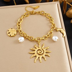 Золотой 304 Браслеты из нержавеющей стали и пластика с имитацией жемчужных подвесок, браслеты-цепочки для женщин, солнце, луна и морской доллар, золотые, 7.01 дюйм (17.8 см)
