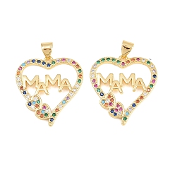 Real 18K Gold Plated Brass Micro Pave Cubic Zirconia Pendants, Cadmium Free & Lead Free, Rack Plating, Long-Lasting Plated, Leaf with Word MAMA Charms, Mother's Day, Real 18K Gold Plated, 25.5x24x2mm, Hole: 3x5mm