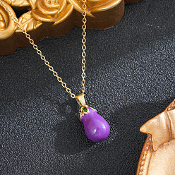Eggplant Brass Enamel Fruit Pendant 201 Stainless Steel Cable Chain Necklaces for Women, Ion Plating(IP), Real 18K Gold Plated, Purple, Eggplant, 15.75 inch(40cm)