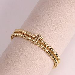 Letter T Браслеты из латуни с микропаве из прозрачных кубических циркониевых бусин, двойные нити, эластичные, для женщин, буква и круг, золотые, Письмо T, 6.69 дюйм (17 см)