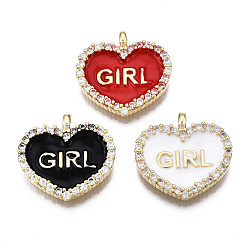 Mixed Color Brass Micro Pave Clear Cubic Zirconia Pendants, with Enamel, Nickel Free, Real 16K Gold Plated, Heart with Word Girl, Mixed Color, 17x18x3mm, Hole: 2mm