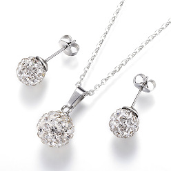 Cristal 304 définit bijoux en acier inoxydable, pendentifs et boucles d'oreilles boule de goujon, avec argile polymère strass, ronde, cristal, 17.7 pouce (45 cm), 8mm, pin: 0.8 mm