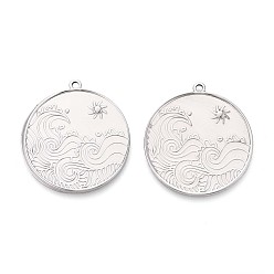 Нержавеющая Сталь Цвет 304 подвески из нержавеющей стали, плоский круглый с подвеской в виде солнца и волны, анти-тускнение, цвет нержавеющей стали, 38.5x35x1.5 мм, отверстие : 2 мм