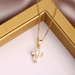 Golden 304 Stainless Steel Pave Clear Cubic Zirconia Religion Cross Pendant Necklaces for Women, Golden, 16.34 inch(41.5cm)