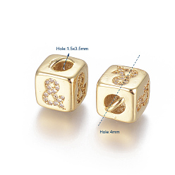 Golden Brass Micro Pave Cubic Zirconia Beads, Long-Lasting Plated, Cube with Mark Pattern, Golden, Clear, Golden, 10x8x8.5mm, Hole: 1.5x3.5mm and 4mm