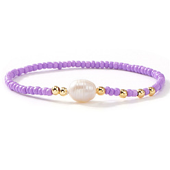 Золотой Эластичные браслеты из латуни, стекла и натурального пресноводного жемчуга для женщин., рондель, золотые, 6.50 дюйм(16.5см)~~6.89 дюйм(17.5см)