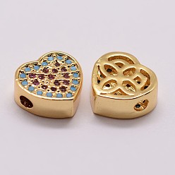 Настоящее золото 18K Латунные микро проложить кубического циркония бусы, сердце, без свинца, без никеля и без кадмия, реальный 18 k позолоченный, 9x10x4 мм, отверстие : 1.5 мм