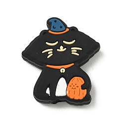 Cat Shape Halloween-Silikonperlen, Fokalperlen, Schwarz, Katze mit Kürbis, 27.5x25x7.3 mm, Bohrung: 2 mm
