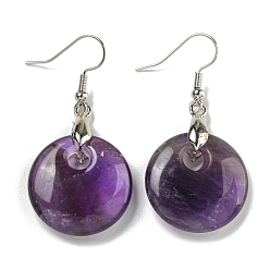 Аметист Плоские круглые серьги-подвески из латуни с покрытием для женщин, с естественным аметист, без кадмия и без свинца, платина, 49x23 мм