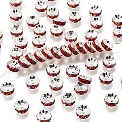 Светло-сиамский Латунь марки А горный хрусталь Spacer бисер, прямой фланец, рондель, серебряные, Light Siam, 8x3.8 мм, отверстие : 1.5 мм