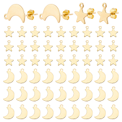 Golden 60Pcs 2 Styles Star & Moon 304 Stainless Steel Stud Earring Findings, with Loop, 60Pcs Brass Friction Ear Nuts Findings, Golden, Earring: 8.5~15x8.5~9.3mm, 30pcs/style