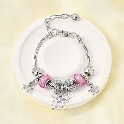Платина Сплав эмаль европейские бусины браслеты с подвесками, браслеты из змеиной цепи для женщин, bowknot & star, смолой и горный хрусталь, без свинца и без кадмия, платина, 7-1/8 дюйм (18.1 см)