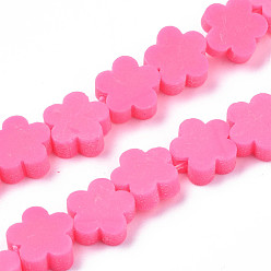 Hot Pink Handmade Polymer Clay Bead Strands, Flower, Hot Pink, 9~10x9~10x4~4.5mm, Hole: 1.6mm, about 36~40pcs/strand, 13.58 inch~14.57 inch(34.5~37cm)