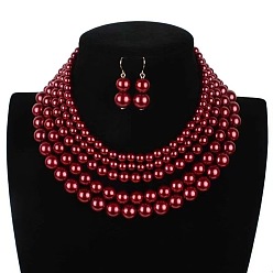 Темно-Красный Многослойные ожерелья и серьги-подвески из пластикового жемчуга с круглыми бусинами, сплав ювелирных изделий, золотые, темно-красный, 470 мм