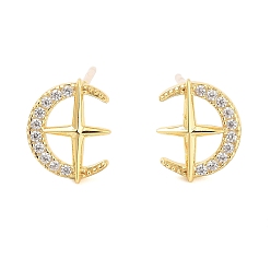 Настоящее золото 18K 925 серьги-гвоздики из стерлингового серебра с микропаве из прозрачных кубических цирконий для женщин, Луна и звезды, реальный 18 k позолоченный, 10x8 мм