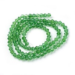 Vert Imitation cristal perles de verre brin, facette, cône, verte, 4x4mm, Trou: 0.8mm, Environ 100~110 pcs/chapelet, 13.7~15.7 pouce (35~40 cm)