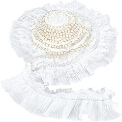 Белый Плиссированная шифоновая цветочная кружевная отделка, с абс пластмассовыми жемчужными бисером, полиэфирная лента для изготовления ювелирных изделий, аксессуары для одежды, белые, 3-3/8 дюйм (85 мм), около 3 ярдов/мешок