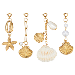 Золотой 4 шт. 304 подвесные украшения из нержавеющей стали, искусственного жемчуга и акрила, с 201 пружинными застежками из нержавеющей стали, формы раковины, золотые, 61~74 мм