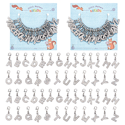 Платина Подвесные маркеры петель с буквами a~z, сплав горный хрусталь вязание крючком застежка-лобстер прелести, маркер с замком и кольцом с подвеской в виде винного бокала, платина, 2.9~3.1 см, 26 стиль, 1 шт / стиль, 26 шт / комплект, 2 комплектов / коробка