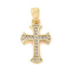 Настоящее золото 18K Латунные микро проложить кубического циркония подвески, крест прелести, реальный 18 k позолоченный, 16x10x1.5 мм, отверстие : 4x2.5 мм