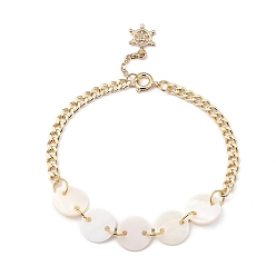 Golden Brass Charm Bracelets, with Flat Round Natural Freshwater Shell Links, Helm, Golden, 7-5/8 inch(19.4cm)