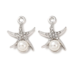 Платина Подвески из сплава и АБС-пластика с имитацией жемчуга и страз., очарование морской звезды, платина, 21x15x6 мм, отверстие : 1.8 мм