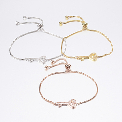 Mixed Color Adjustable Brass Bolo Bracelets, Slider Bracelets, with Cubic Zirconia and Box Chains, Key, Mixed Color, 10-1/4 inch(260mm)