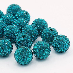 Dark Cyan Grade A Rhinestone Beads, Pave Disco Ball Beads, Resin and China Clay, Round, Dark Cyan, PP9(1.5.~1.6mm), 8mm, Hole: 1mm