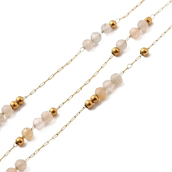 Солнечный Камень Ионное покрытие (IP) настоящее 18k позолоченное 316 цепи из хирургической нержавеющей стали, с круглыми бусинами из натурального солнечного камня, пайки, с катушкой, 2x1x0.1 мм
