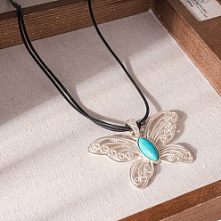 Серебро Длинные ожерелья из сплава с синтетической бирюзой в виде полой бабочки, черный вощеный шнур, для женщин, серебряные, 41.93 дюйм (106.5 см)