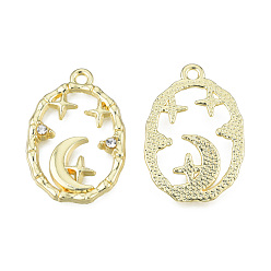 Light Gold Rack Plating Alloy Pendants, with Crystal Rhinestone, Oval Charms with Moon & Star, Cadmium Free & Nickel Free & Lead Free, Light Gold, 27x18.5x3mm, Hole: 1.8mm