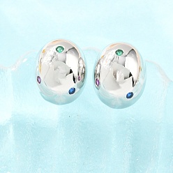 Разноцветный Овальные латунные серьги-гвоздики с микропаве из кубического циркония, без свинца и без кадмия, долговечный, стойки покрытие, платина, красочный, 12x9.5 мм