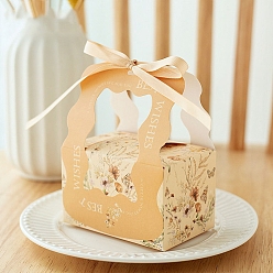 PeachPuff Folding Cardboard Candy Boxes, Wedding Gift Wrapping Box, With Handle, Rectangle With Flower, PeachPuff, 10x6.2x6.5cm