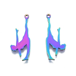 Rainbow Color Ion Plating(IP) 201 Stainless Steel Pendants,  Dancer, Rainbow Color, 32.5x13x1.5mm, Hole: 1.5mm