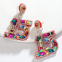 Разноцветный Серьги-гвоздики из смоляных бусин, с кристально горный хрусталь, число 15, платина, красочный, 65x40 мм
