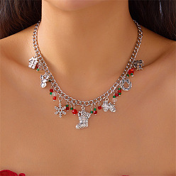 Christmas Socking Рождественское ожерелье-нагрудник из сплава со стразами, эмалью и пластиком., зеленый и красный, платина, рождественские носки, 15.75 дюйм (40 см)