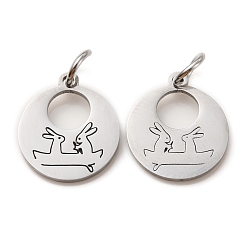 Rabbit Non-Tarnish 304 Stainless Steel Charms, Laser Cut, with Jump Ring, Stainless Steel Color, Hollow, Flat Round Charm, Rabbit, 13.5x12x1mm, Hole: 3.6mm