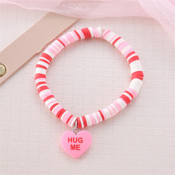 Разноцветный Браслеты с подвесками из цинкового сплава с эмалью ко Дню святого Валентина, Браслеты из полимерной глины, бусины хейши, эластичные для женщин, сердце со словом обними меня, красочный, внутренний диаметр: 2.72 дюйм (6.9 см)
