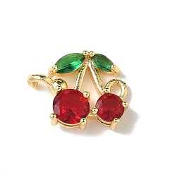 Настоящее золото 16K Подвески-коннекторы из латуни с зеленым и темно-красным кубическим цирконием в виде вишни, фруктовые ссылки, стойки покрытие, долговечный, без кадмия и без свинца, реальный 16 k позолоченный, 11x13.5x4 мм, отверстие : 1.4 мм