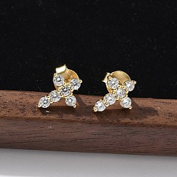 Золотой 925 серьги-гвоздики из стерлингового серебра с прозрачным кубическим цирконием, крестик, золотые, 10x7.5 мм