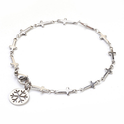 Stainless Steel Color Tarnish Resistant 304 Stainless Steel Charm Bracelets, Flat Round with Snowflake, Stainless Steel Color, 7-7/8 inch(20cm), Charm: 14x12x1mm
