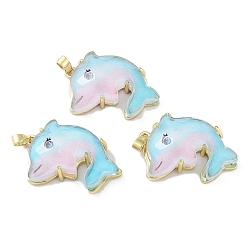 Pale Turquoise Translucent Resin Pendants, Rack Plating Brass Dolphin Charms, Real 18K Gold Plateds, Long-Lasting Plated, Cadmium Free & Lead Free, Pale Turquoise, 27x18x9mm, Hole: 2.5x4mm