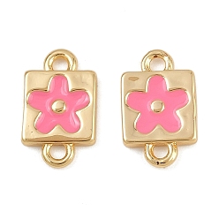 Ярко-Розовый Подвески из латунной эмали, квадрат с цветочными звеньями, реальный 18 k позолоченный, ярко-розовый, 11x7x7.5 мм, отверстие : 1.2 мм