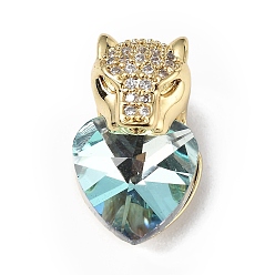 Голубой Настоящие позолоченные подвески из латуни с микропаве из прозрачного кубического циркония, со стеклом, долговечный, без кадмия и без свинца, леопард с сердечком, голубой, 18 мм, отверстие : 20x12x10.5 мм