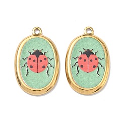 Темный Морско-зеленый 304 нержавеющей стальной эмали подвески, овал с подвесками в виде насекомых, ионное покрытие (ip), реальный 18 k позолоченный, темно-зеленый, 28.5x18x3 мм, отверстие : 2 мм
