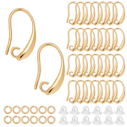 Настоящее золото 18K Латунные крючки для сережек, с латунными открытыми соединительными кольцами и пластиковыми ушными гайками, реальный 18 k позолоченный, 19x10x2 мм, отверстие : 2 мм, 18 датчик, штифты : 1 мм